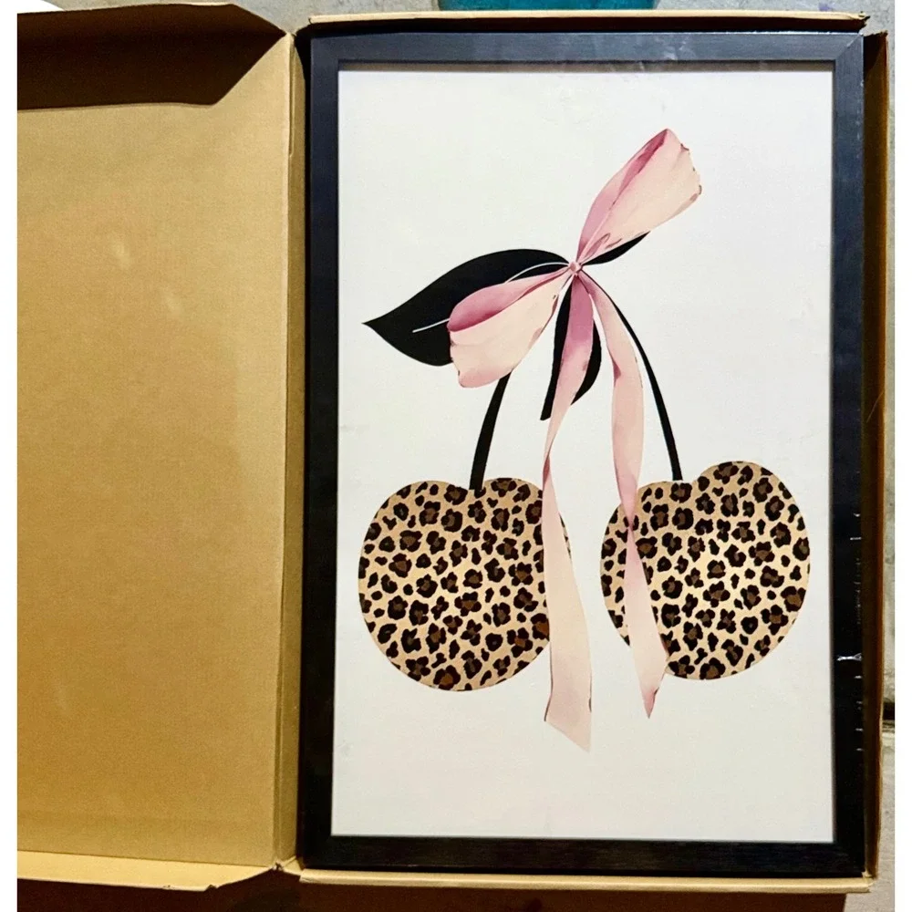 NWT Coquette Leopard Wall Art Set 3 Framed 16x24 Cherry 8 Ball Lips Pink Bow